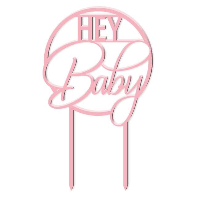 Topper z pleksy "Hey Baby", różowy pastel, 18,5 cm