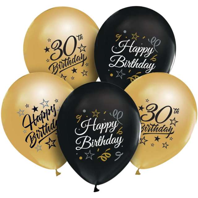 Balony "Happy Birthday 30 - Beauty and Charm", złoto-czarny,Godan, 12", 5 szt