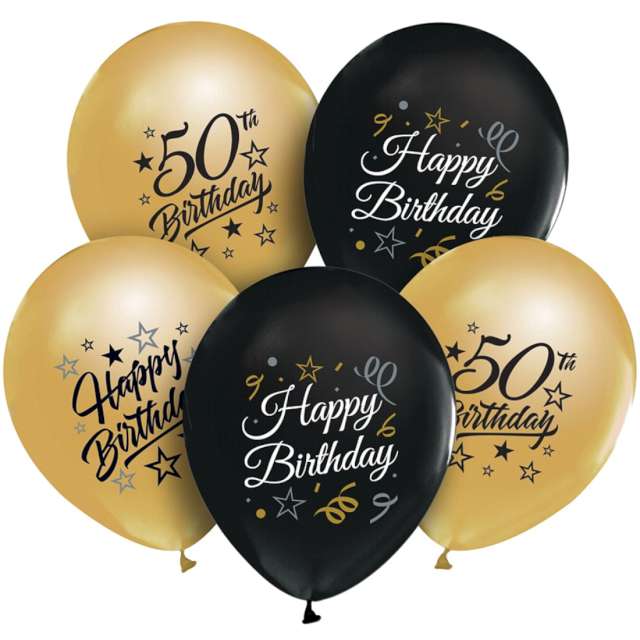 Balony Happy Birthday 50 - Beauty and Charm złoto-czarnyGodan 12 5 szt