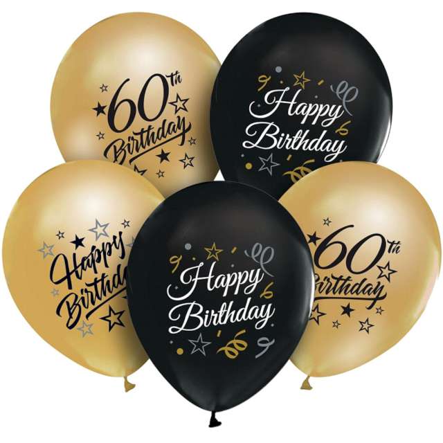 Balony "Happy Birthday 60 - Beauty and Charm", złoto-czarny,Godan, 12", 5 szt