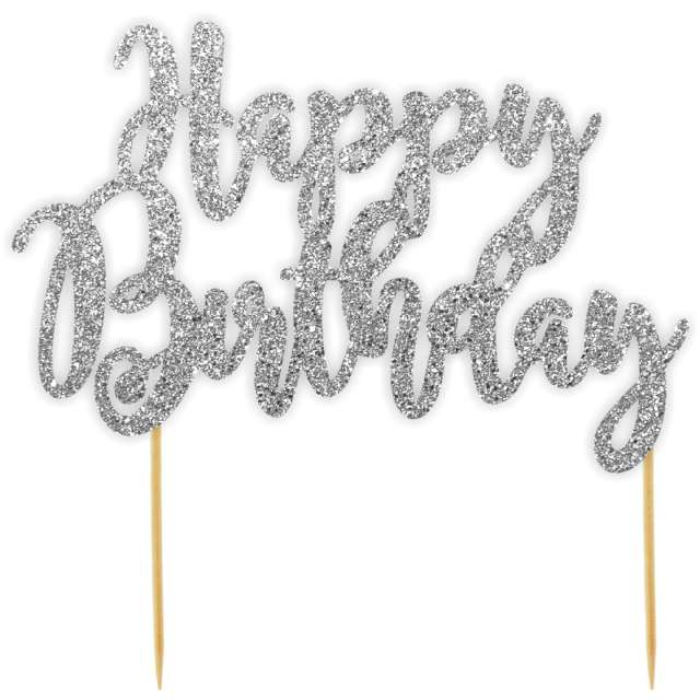 Topper papierowy "Happy Birthday", srebrny brokat, 18x19 cm