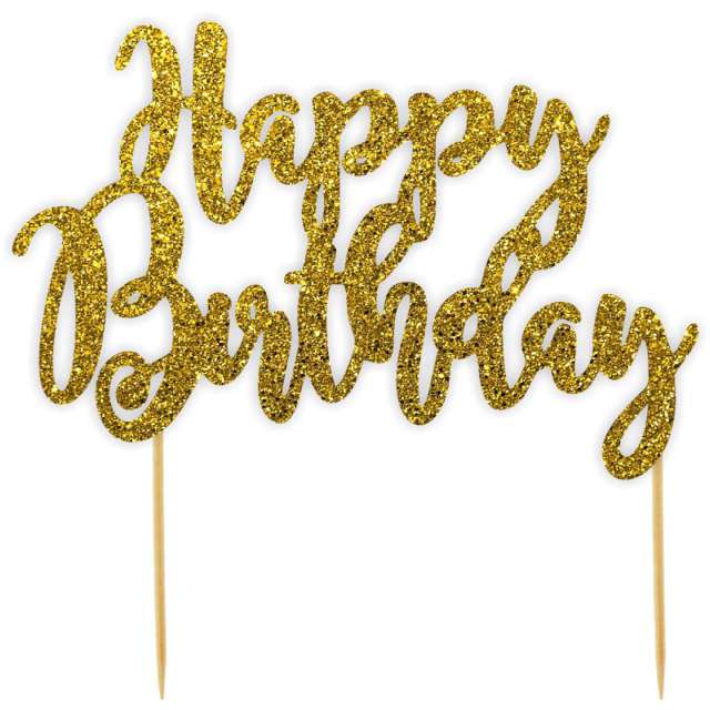 Topper papierowy Happy Birthday złoty brokat 18x19 cm