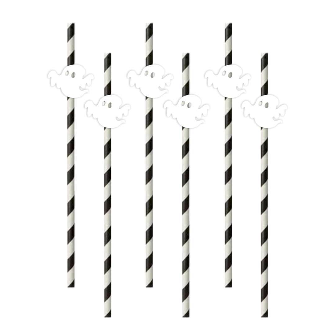 Słomki "Halloween Duszki białe", biało-czarne, 19,5 cm, 6 szt