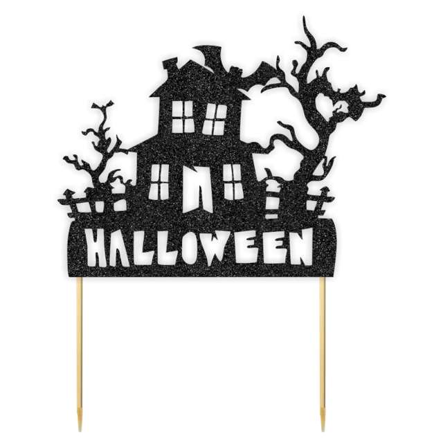 Topper papierowy "Halloween - domek", czarny brokat, 18x22 cm