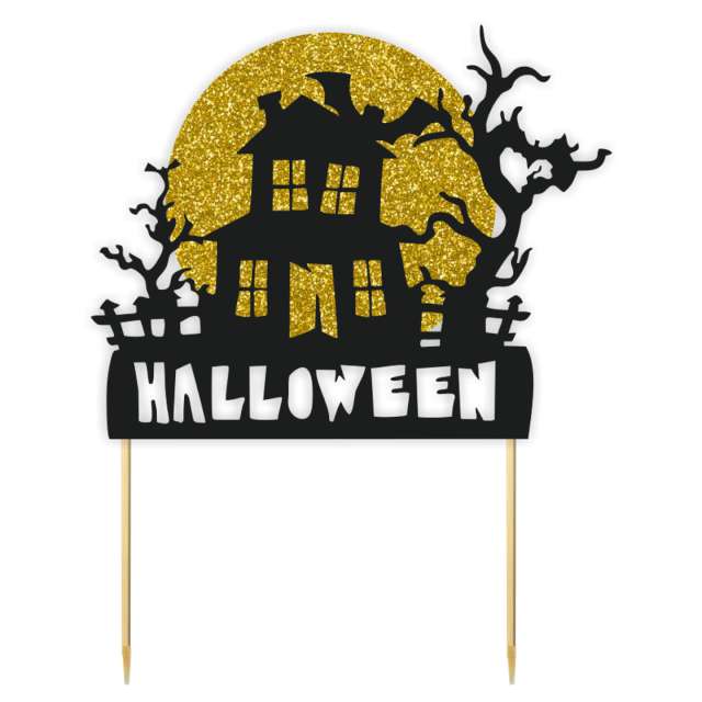 Topper papierowy "Halloween - domek", czarny i złoty brokat, 18x22 cm