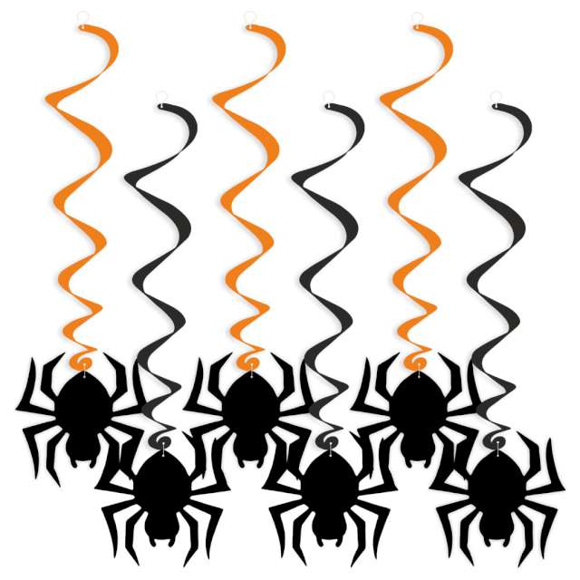 Świderki wiszące Halloween pająki czarno-pomarańczowe 6 szt