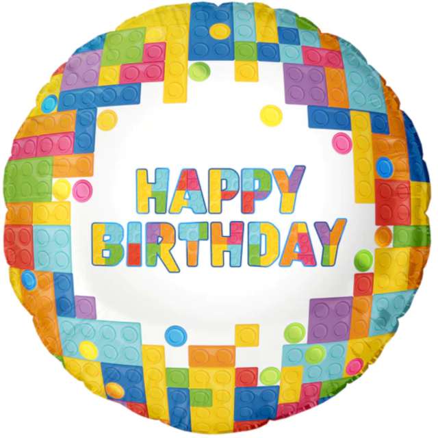 Balon foliowy "Happy Birthday - Klocki", mix, PartyPal, 18" RND