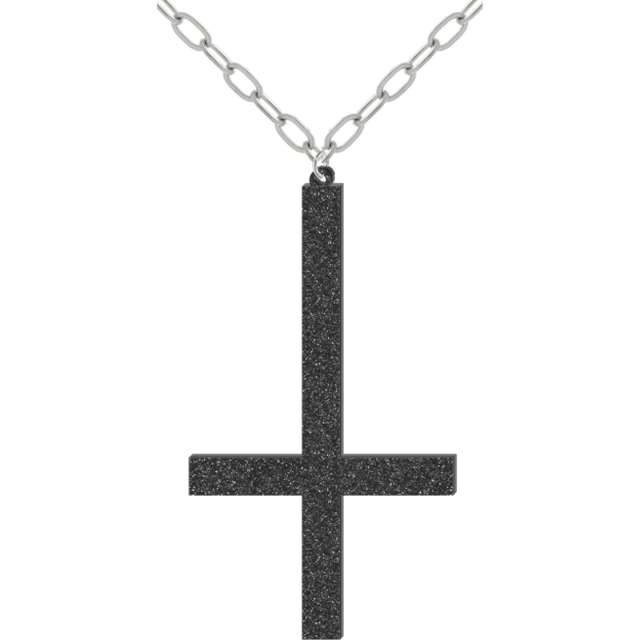 Naszyjnik "Krzyż odwrócony XL na łańcuszku", czarny brokat, 12,5cm