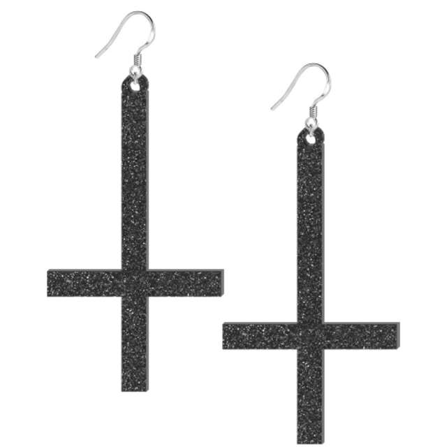 Kolczyki "Krzyże odwrócone XL", czarne, brokatowe,90x50 mm