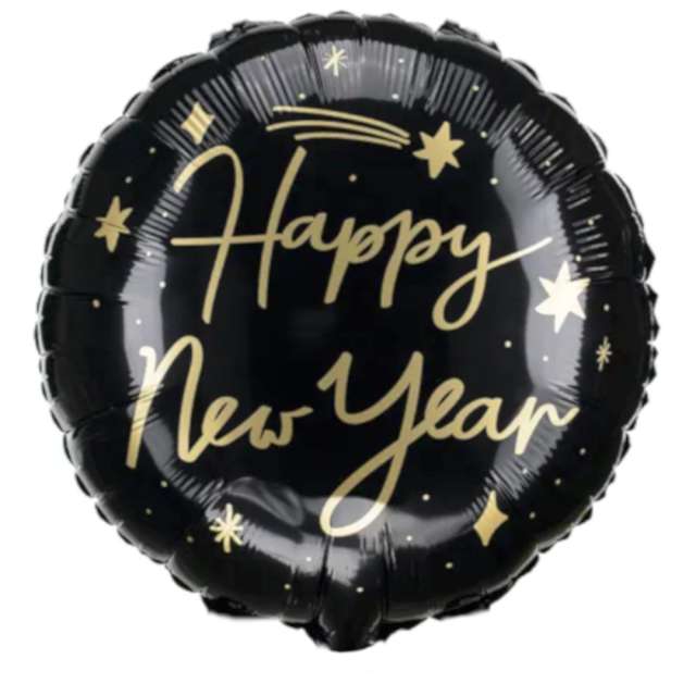Balon foliowy "Happy New Year", czarny, PartyDeco, 18", RND