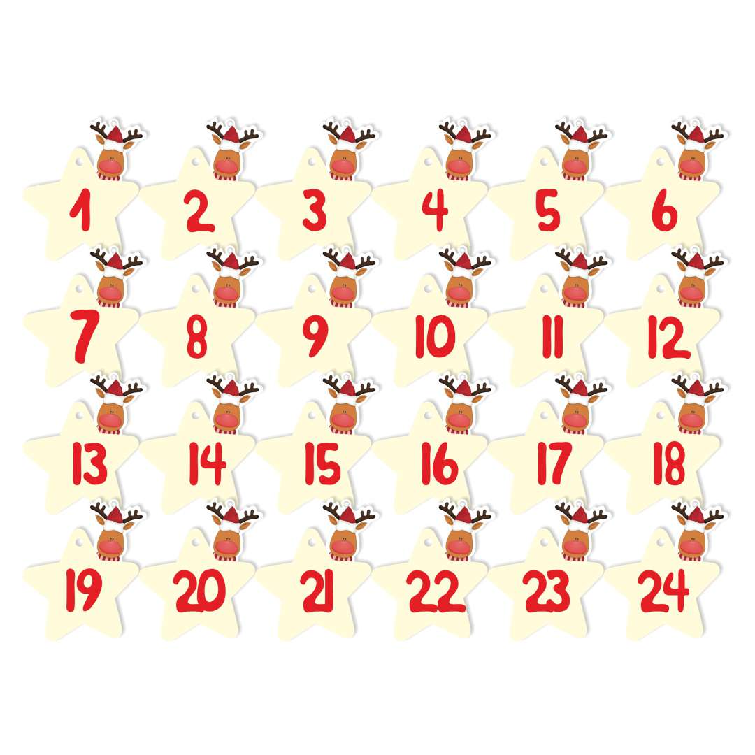 Zawieszka papierowa "Kalendarz Adwentowy - renifer", 45 mm, 24 szt