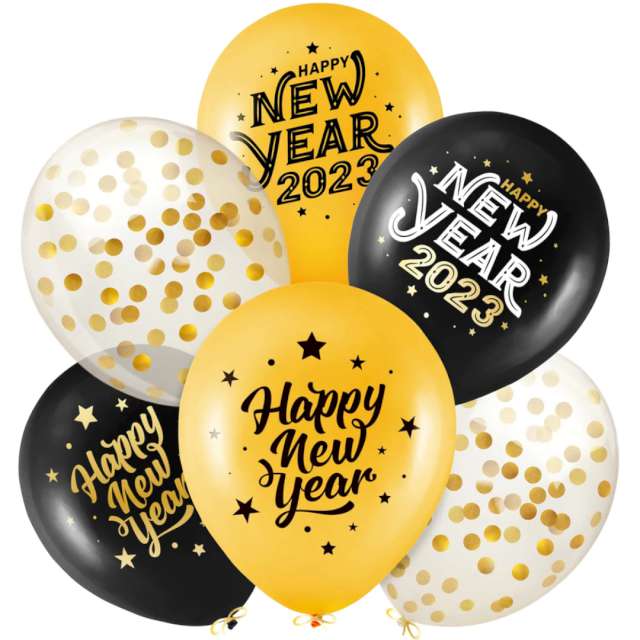 Balony "Happy New Year 2023 - Konfetti", czarno-złote, PartyPal, 12", 6 szt