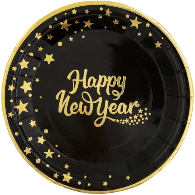 Talerzyki papierowe "Happy New Year", czarno-złote, PartyPal, 23 cm, 6 szt