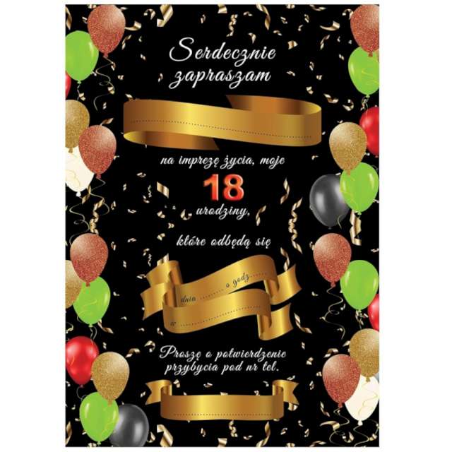 Zaproszenia Urodziny 18 - Balony Congee 6 szt