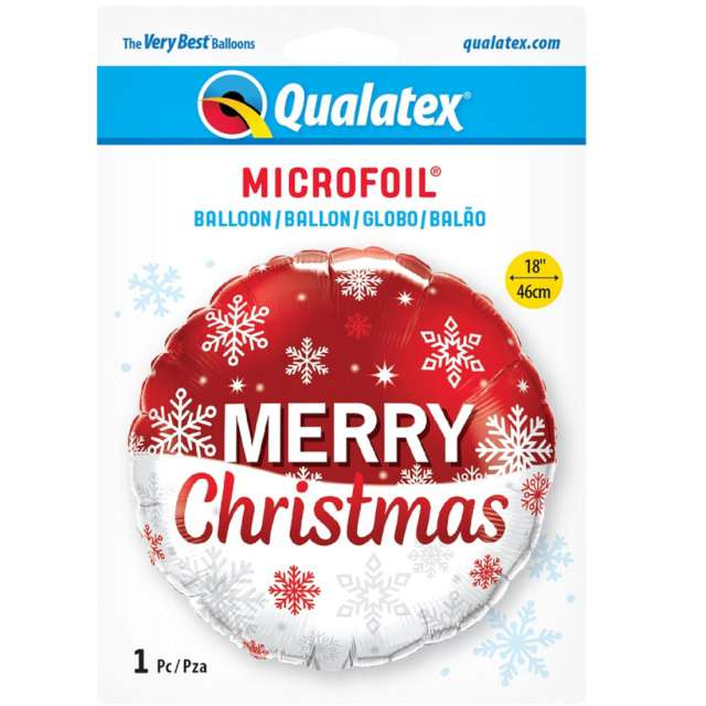 Balon foliowy Merry Christmas - płatki śniegu czerwono-biały Qualatex 18 RND