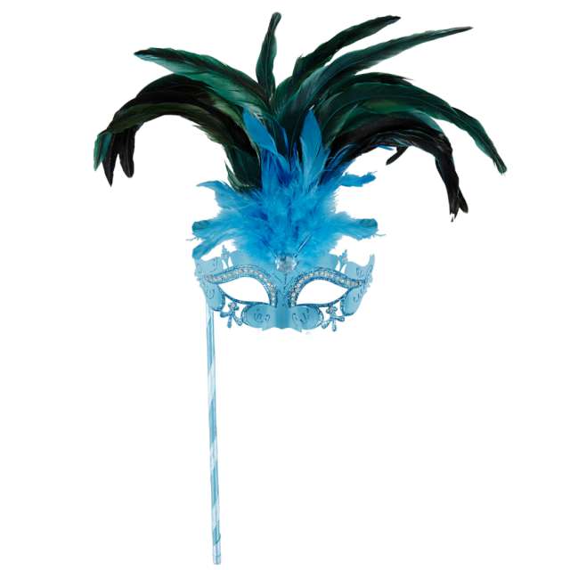 _xx_Pk 6 AZURE MARQUISE EYEMASK ON A STICKDECORATED WITH STRASS GLITTER GEM & FEATHERS