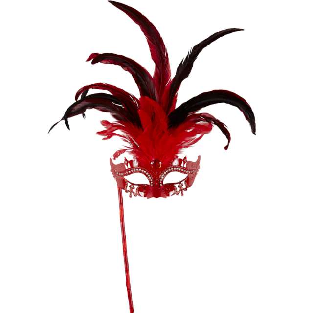 _xx_Pk 6 RED MARQUISE EYEMASK ON A STICK DECORATED WITH STRASS GLITTER GEM & FEATHERS