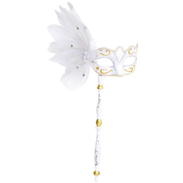 _xx_Pk 6 WHITE EYEMASKS ON A STICK WITH FEATHERS & SILVER/GOLD ACCENTS