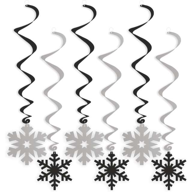 Świderki wiszące "Świąteczne śnieżynki", srebrno-czarne, 6 szt