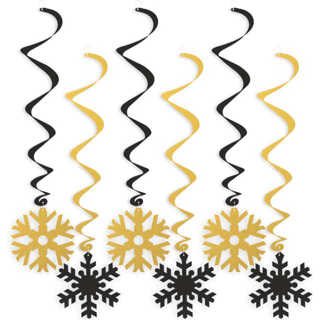 Świderki wiszące "Świąteczne śnieżynki", złoto-czarne, 6 szt