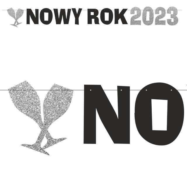 Baner Nowy Rok 2023 z brokatem srebrno-czarny 220 cm