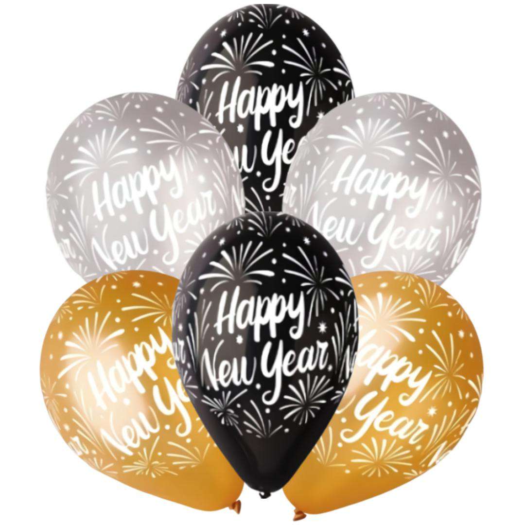 Balony "Happy New Year", GEMAR, gold & silver & black, 12", 6 szt.
