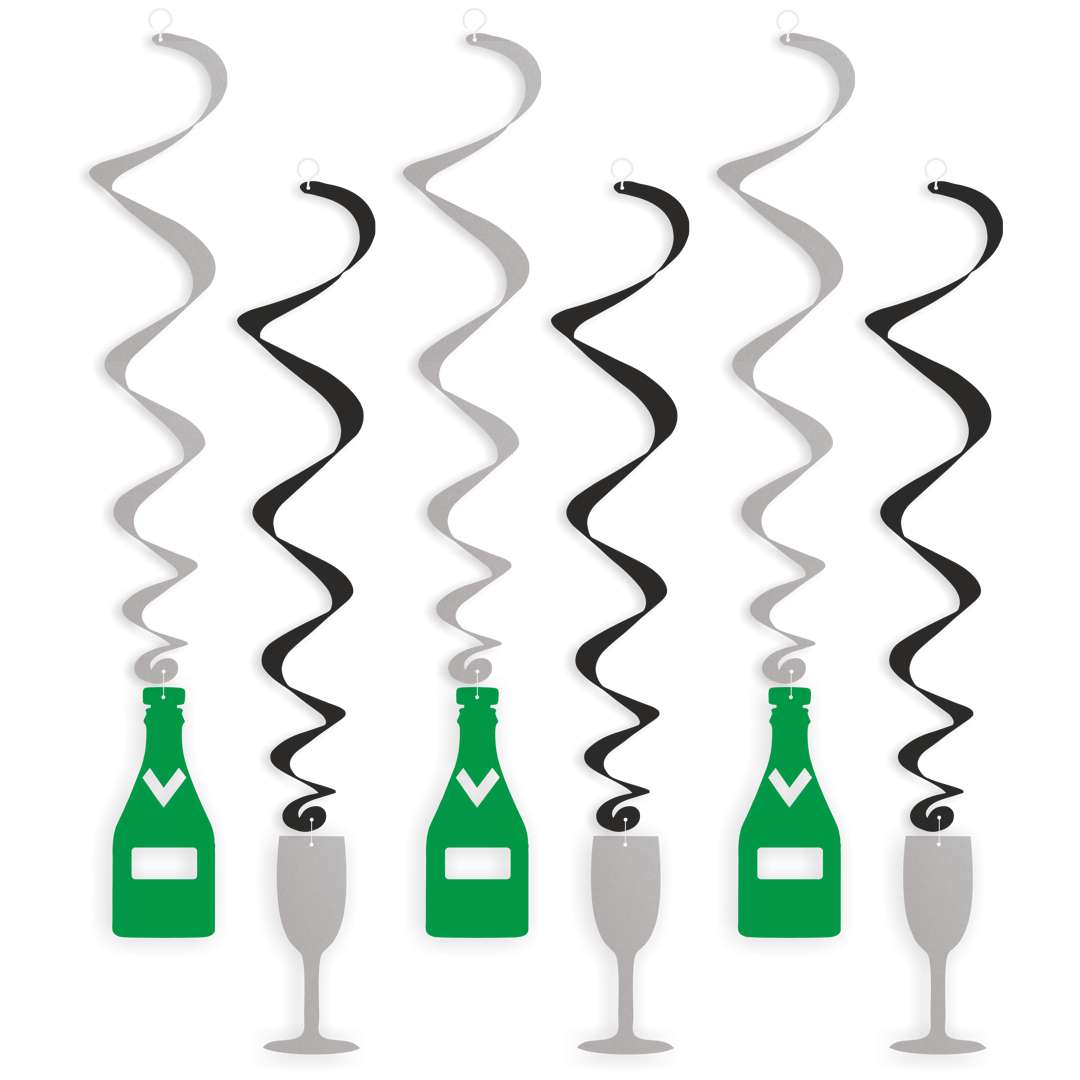 Świderki wiszące Nowy Rok z szampanem srebrno-zielone 6 szt