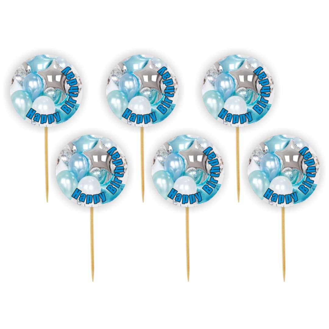 Pikery "Happy Birthday - niebieski", błękitne baloniki, 6 szt