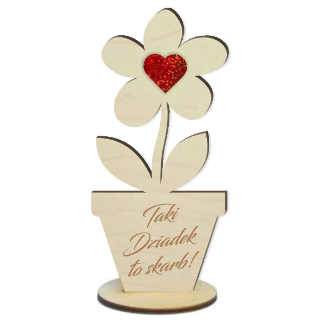 Dekoracja drewniana 3D Kwiatek - Taki Dziadek to skarb serce holo 14 cm