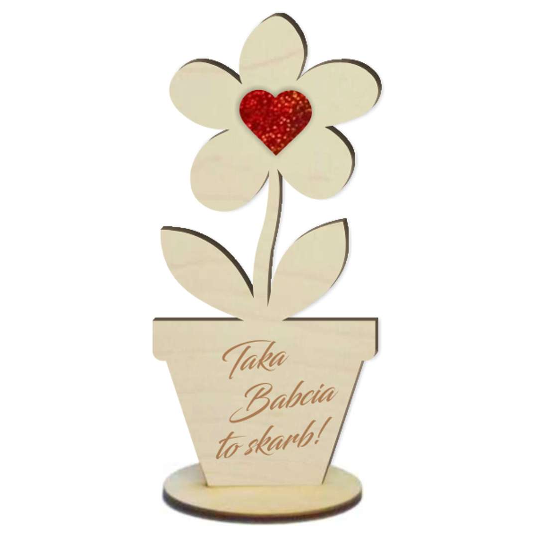 Dekoracja drewniana 3D "Kwiatek - Taka Babcia to skarb", serce holo, 14 cm