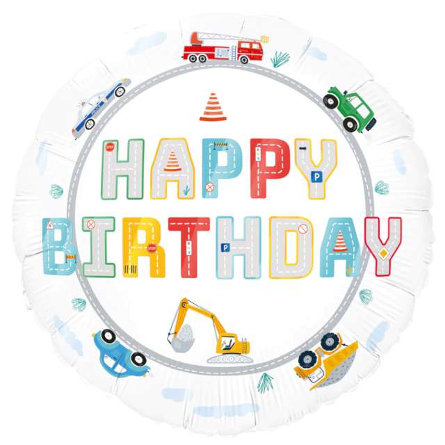 Balon foliowy "Happy Birthday - Budowa",PartyPal,18", RND