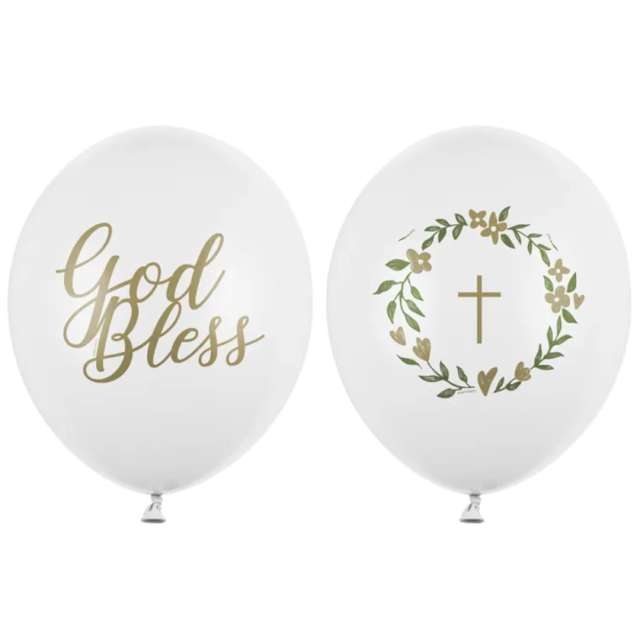 Balony "Pierwsza Komunia Święta - God Bless, Złoty Krzyż", biało-złote, PartyDeco, 12", 50 szt