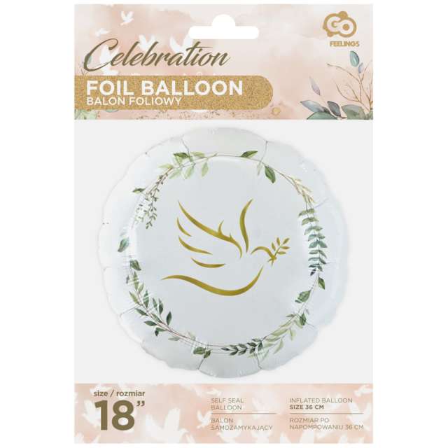 Balon foliowy Komunia Święta - Gołąbek z gałązką oliwną i listkami biały Godan 18 RND