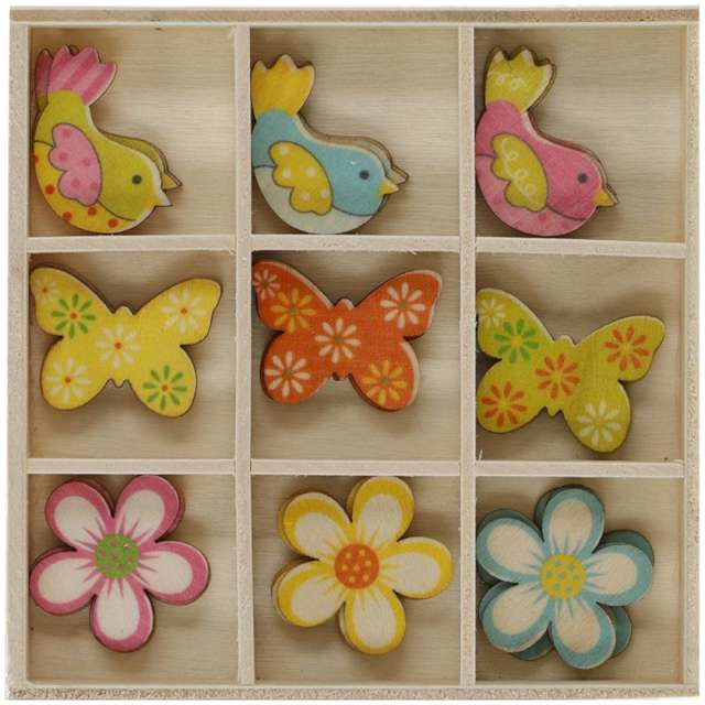 Dekoracja drewniana Wielkanoc - Kwiaty ptaszki i motyle Titanum 27 szt
