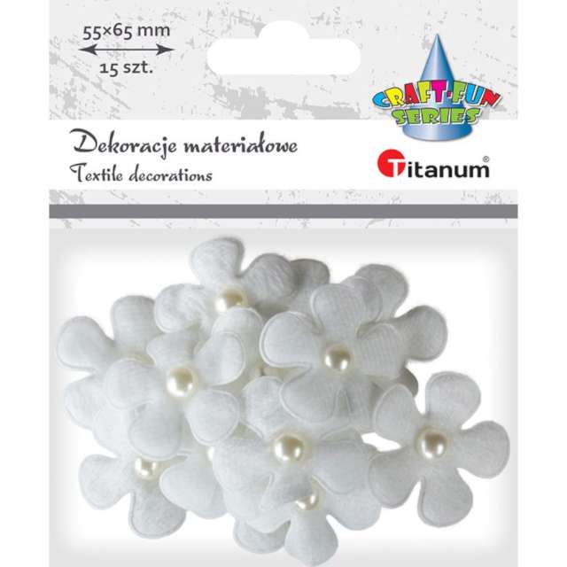 Ozdoba materiałowa Kwiaty z perełką biały 15 szt