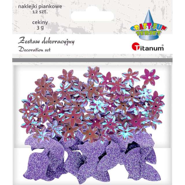 Zestaw dekoracyjny Naklejki + cekiny - motyle i kwiaty fioletowy Titanum