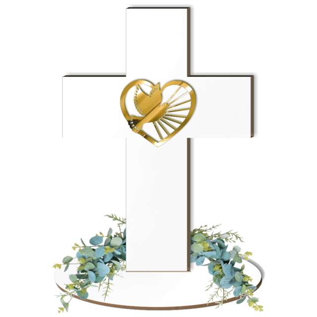 Dekoracja laminowana Krzyż z gołębicą - złoty lustrzany 15 x 21 cm