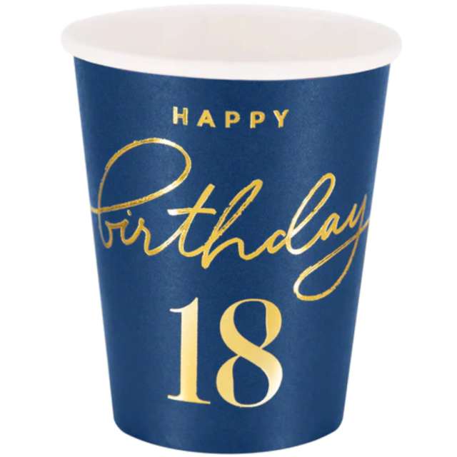 Kubeczki papierowe 18 Urodziny - Happy Birthday 18 granatowy PartyPal 220 ml 6 szt