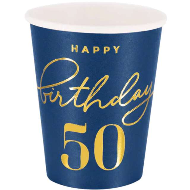 Kubeczki papierowe 50 Urodziny - Happy Birthday 50 granatowy PartyPal 220 ml 6 szt