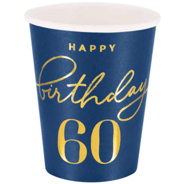 Kubeczki papierowe 60 Urodziny - Happy Birthday 60 granatowy PartyPal 220 ml 6 szt