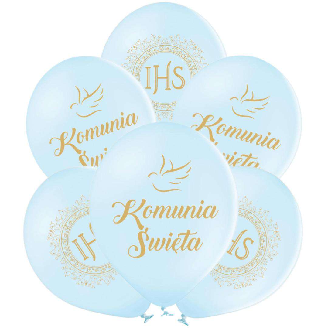 Balony Komunia Święta - Gołąbek i IHS w Ornamencie błękitny 12 6 szt