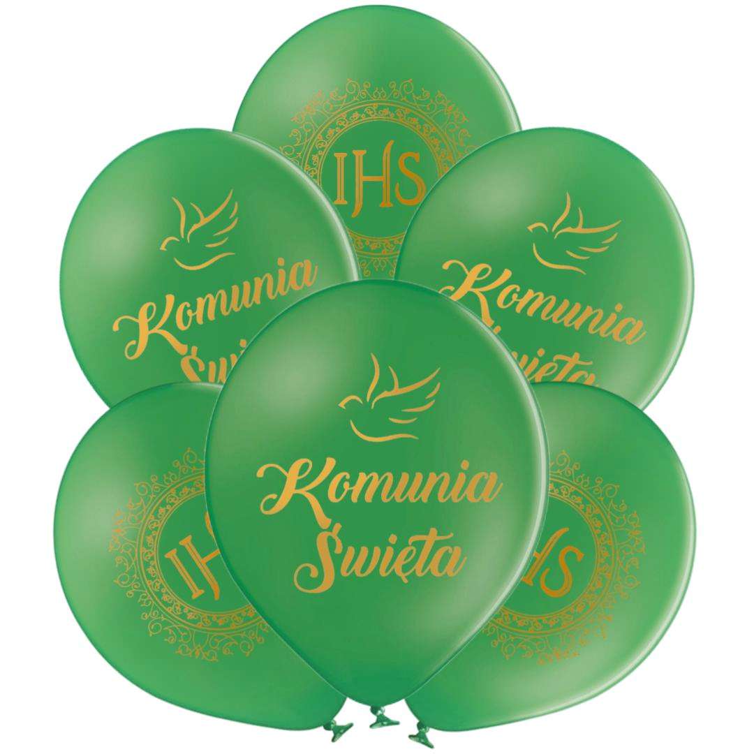 Balony Komunia Święta - Gołąbek i IHS w Ornamencie zielony 12 6 szt