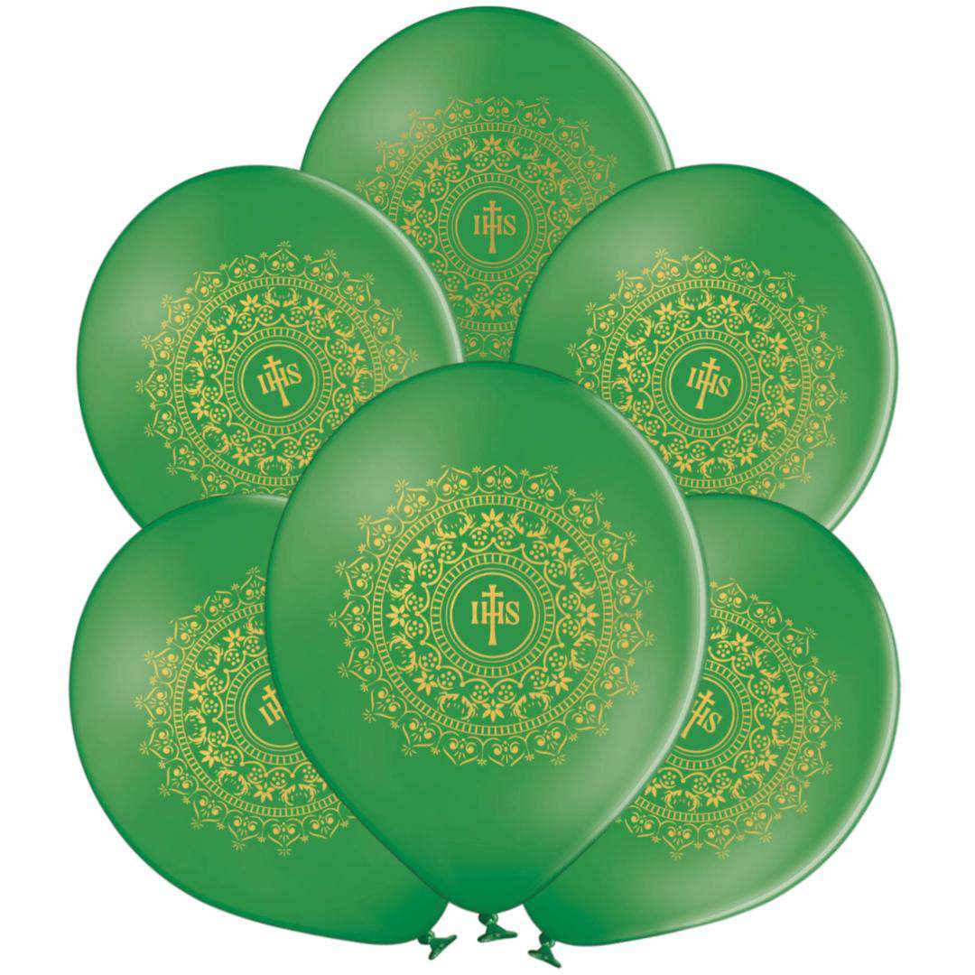 Balony Komunia Święta - IHS w Ornamencie zielony 12 6 szt
