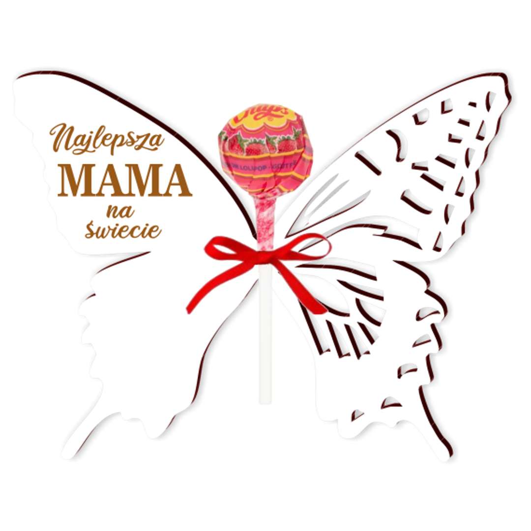 Dekoracja Motylek na lizak Dzień Matki - najukochańsza mama biała 14 cm