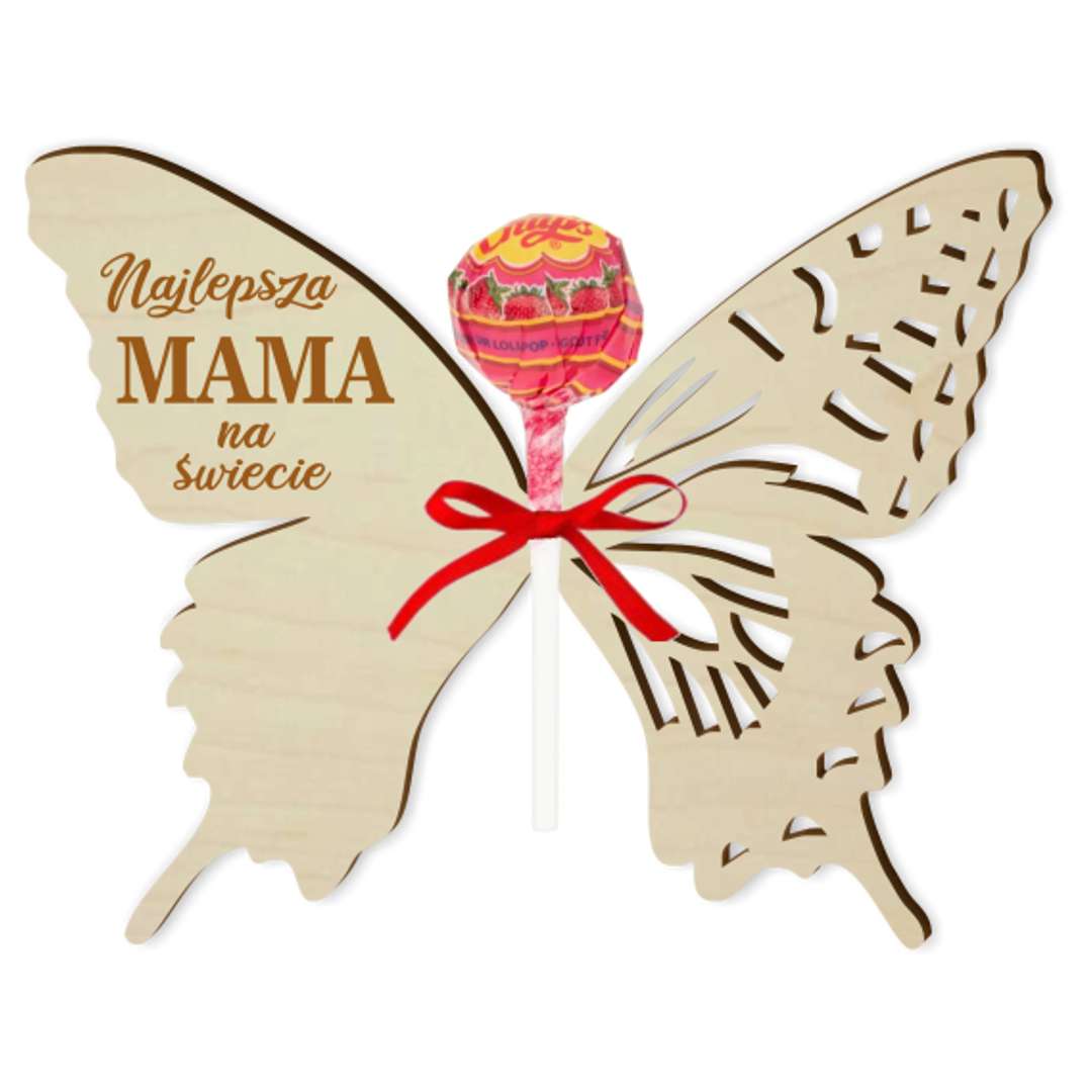 Dekoracja drewniana Motylek na lizak Dzień Matki - najukochańsza mama biała 14 cm