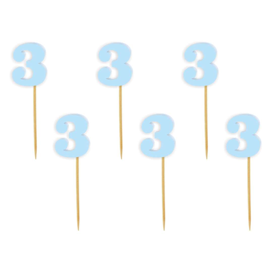 Pikery akrylowe Liczba 3 błękitny pastelowy 6 szt