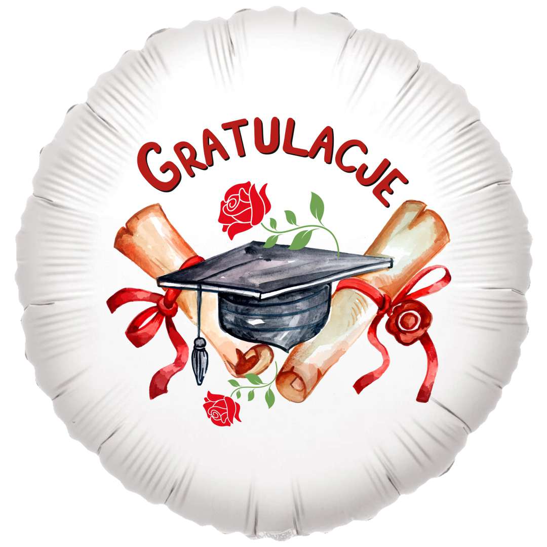 Balon foliowy Gratulacje - biret i dyplomy biały 18 RND