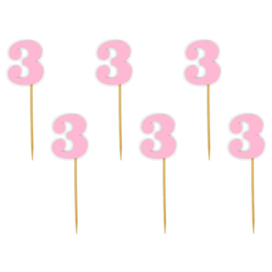 Pikery akrylowe Liczba 3 różowy pastelowy 6 szt