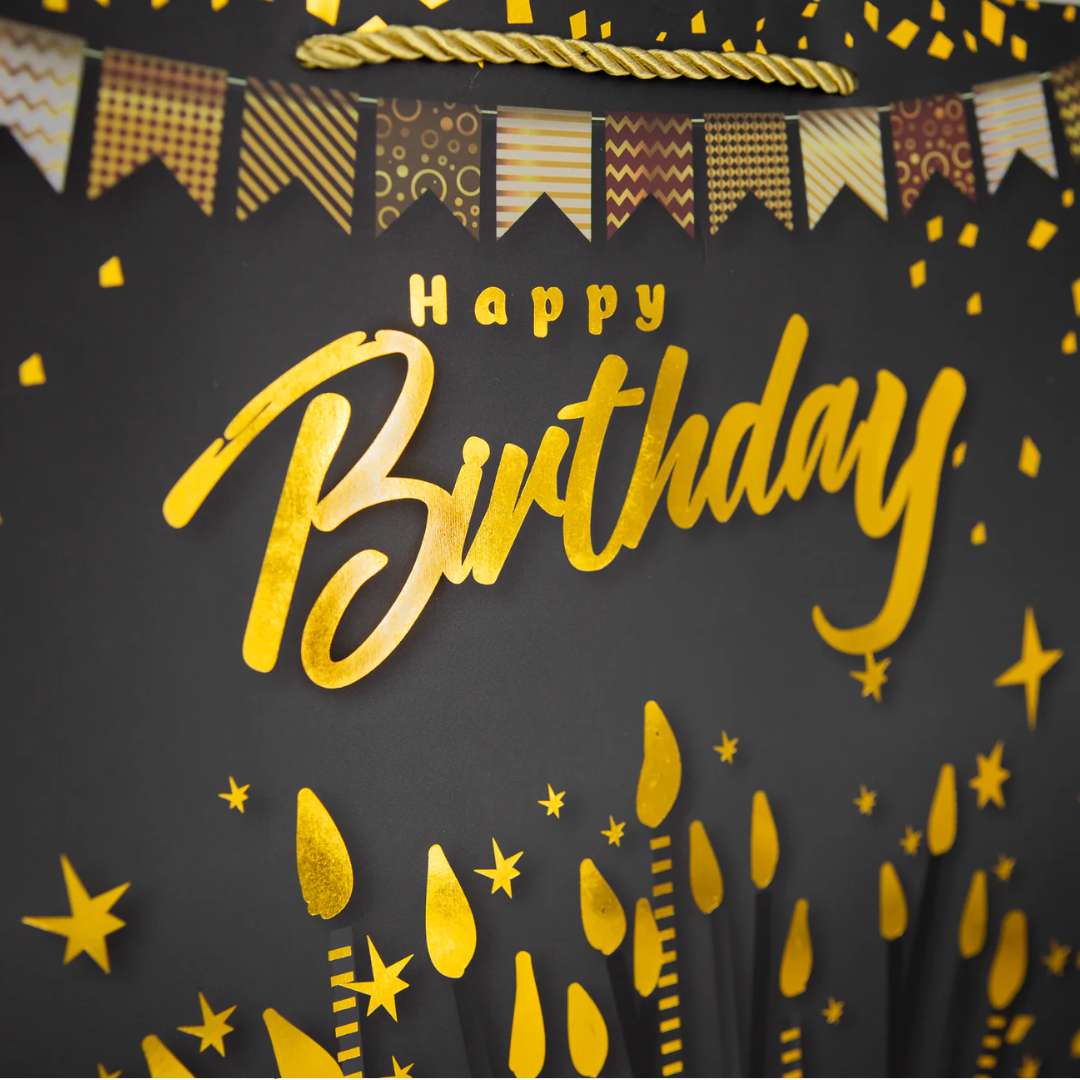Torebka papierowa Niezwykłe Urodziny - Świeczki czarno-złoty PartyPal 40x30 cm