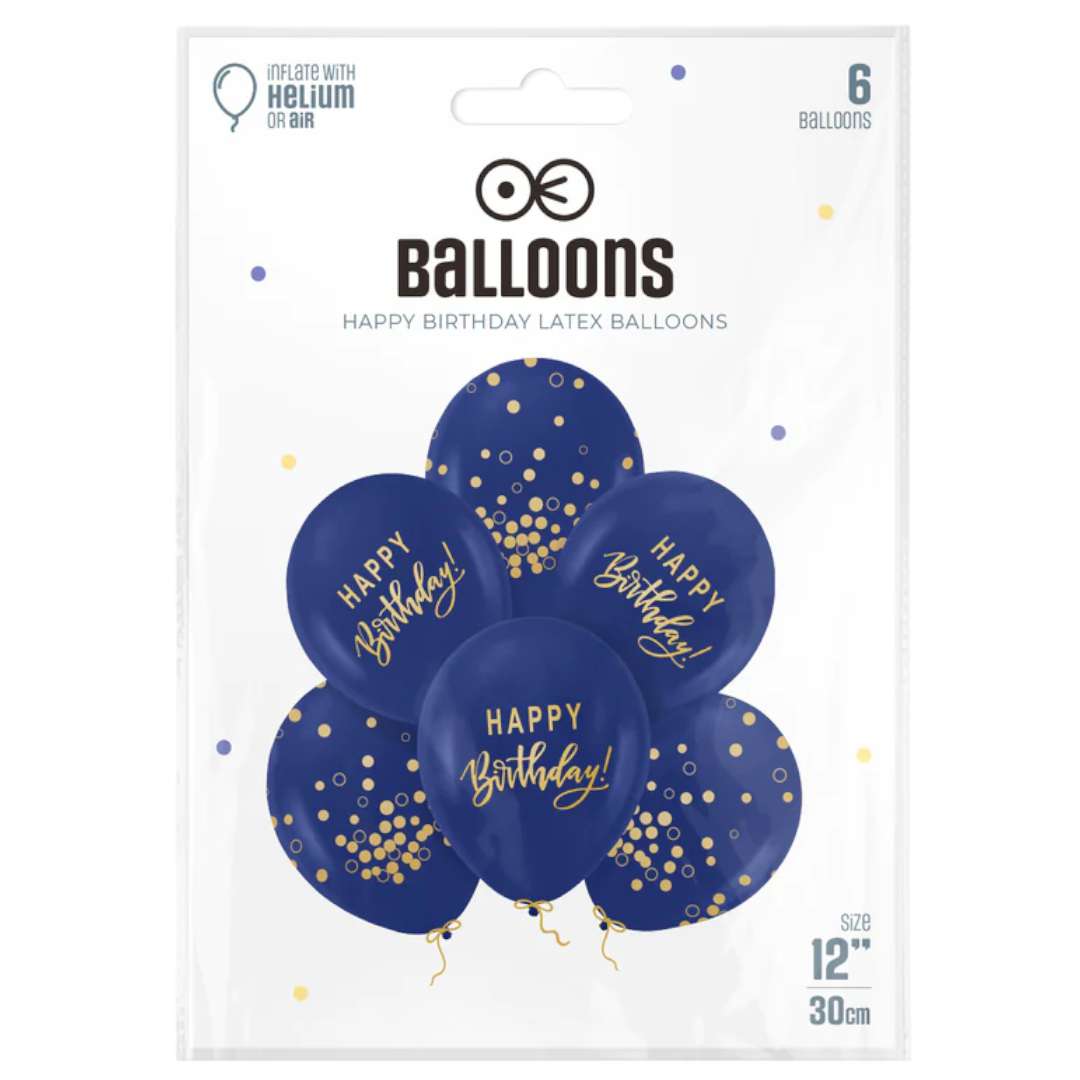 Balony Happy Birthday złoto-granatowy PartyPal 12 6 szt